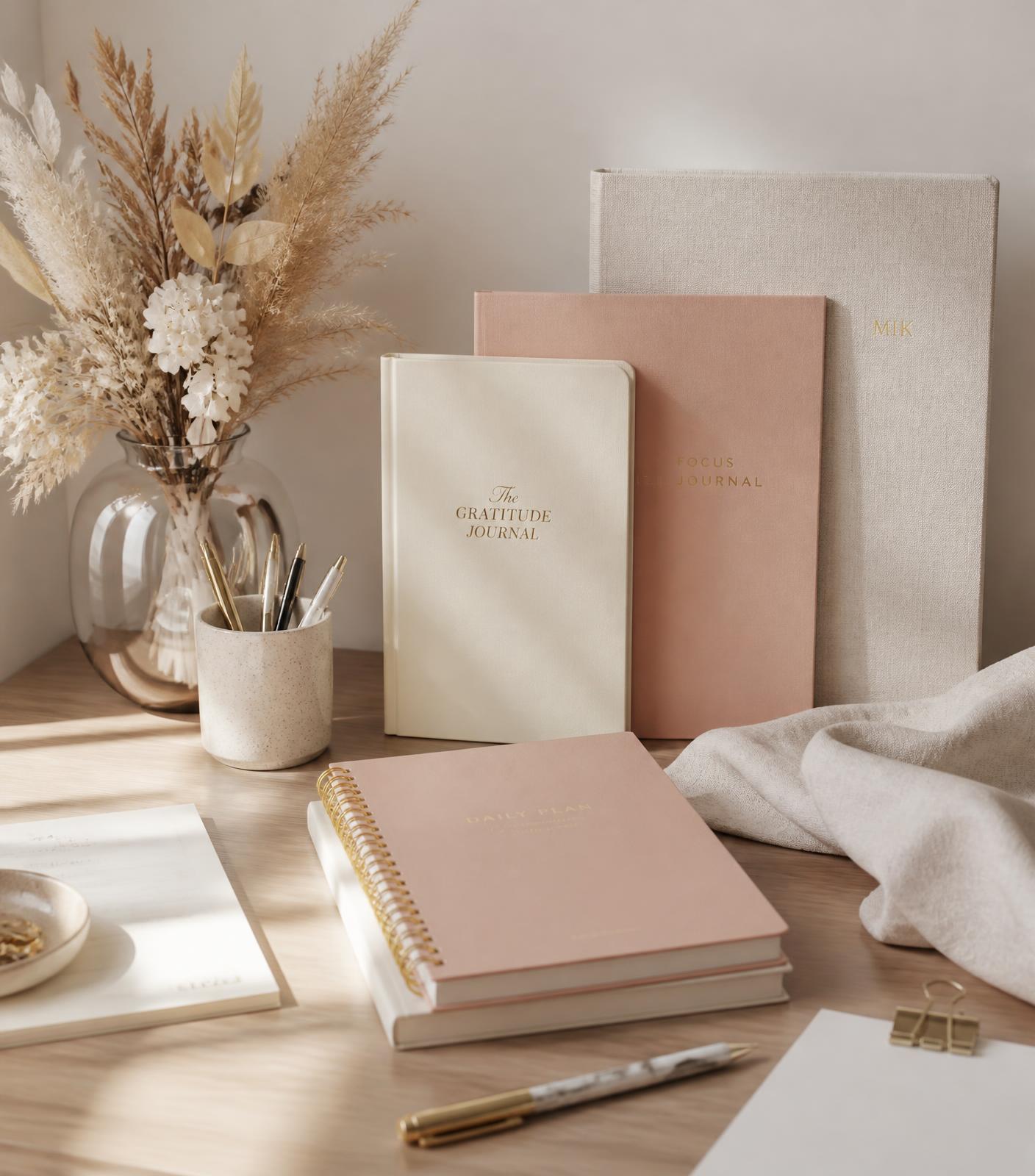 A styled desk with premium blush and cream Inklier journals, planners and pens